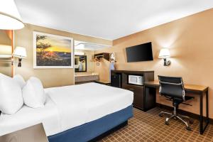 エルコにあるDays Inn by Wyndham Elkoのベッドと机とパソコンが備わったホテルの部屋