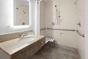 a bathroom with a sink and a shower at Howard Johnson by Wyndham Romulus Detroit Metro Airport in Romulus +23 photos