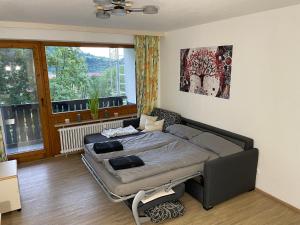 Un dormitorio con una cama en una habitación con ventana. en Familienauszeit mit Indoorpool, Sauna, Netflix, Disney, 50-100 MBit Internet inkl Bettwäsche Handtücher Reinigung, en Missen-Wilhams