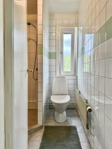 a bathroom with a toilet and a window at Big House With A View Over Forest Lake in Hölö