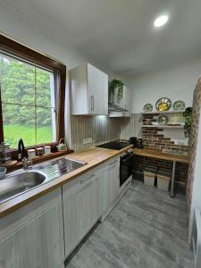 a kitchen with white cabinets and a sink and a window at Villa Alpine Spirit in Gösing an der Mariazeller Bahn
