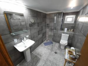 a bathroom with a sink and a shower and a toilet at RAVANIS Home in Áyios Pétros