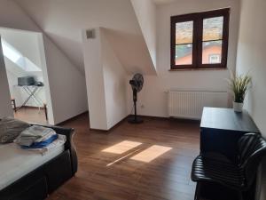a room with a bed and a desk and a window at Apartment Oliver in Ujazd