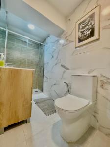 a bathroom with a toilet and a marble wall at Blue Room 25 in Bilbao
