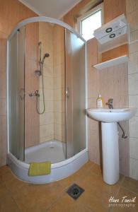 a bathroom with a shower and a sink at Apartments Svetlica in Bački Petrovac