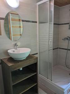 une salle de bain avec un lavabo et une douche avec un miroir dans l'établissement Gîte Les Balcons des usses, à Frangy