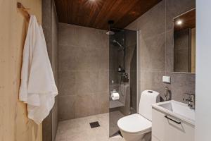 une salle de bain avec toilettes, lavabo et douche dans l'établissement Villa Lehtoniemi, à Vaala