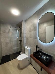 ルーゴにあるApartamentos muralla de Lugoのトイレ、洗面台、鏡のあるバスルーム +4枚の写真