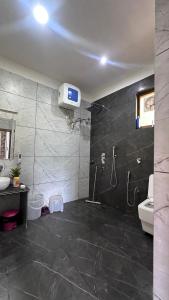 a bathroom with a shower and a sink and a toilet at Snower Valley homestay in Kulu
