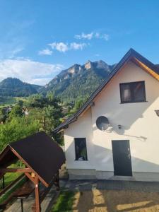a white house with a view of a mountain at Willa Gazda Apartamenty in Sromowce Niżne
