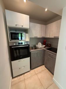 a small kitchen with a microwave and a stove at Studio du Lion - Proche vieille ville in Belfort +10 photos