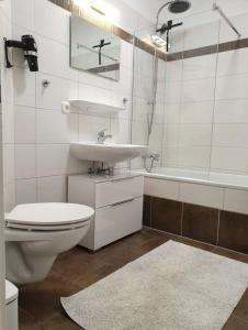 a bathroom with a toilet and a sink and a tub at Loft with balcony Enckekaserne in Magdeburg