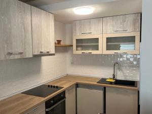 a kitchen with wooden cabinets and a sink and a stove at Travnik Nature in Travnik