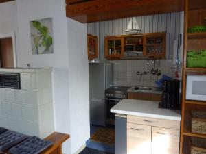 una pequeña cocina con nevera de acero inoxidable en Ferienhaus in Diemelsee zum Alleinbewohnen, en Diemelsee