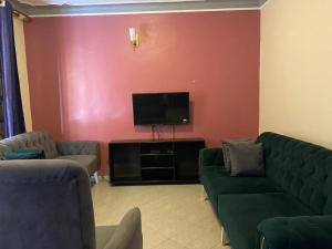a living room with two couches and a flat screen tv at DAVE's LIVING in Kampala +11 photos