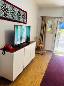 a living room with a fish tank on a cabinet at Modern APT in downtown in Cairo +9 photos