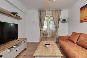 a living room with a couch and a coffee table at Konstanzer Tudor 3 - 2 camere, bucatarie, masina de spalat in Iaşi