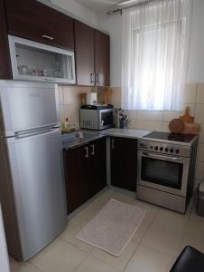 a kitchen with a refrigerator and a microwave at Sirmijum Hause II in Sremska Mitrovica +6 photos