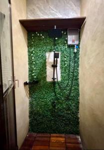 a bathroom with a green wall with a shower at Cozy Villa with Pool for family or couples in Bacoor