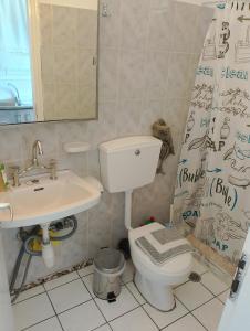 a bathroom with a toilet and a sink and a mirror at Anna Apartments in Agiokampos +7 photos