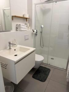un bagno con doccia, lavandino e WC di Cloche d'or studio sleeps 2 a Lussemburgo