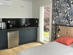 a room with a kitchen and a bed and a window at Studio La Salamandre in Plauzat