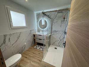 a bathroom with a shower with a toilet and a sink at Studio La Salamandre in Plauzat