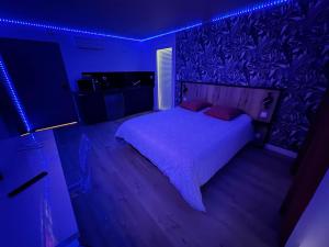 a bedroom with a large bed with purple lighting at Studio La Salamandre in Plauzat