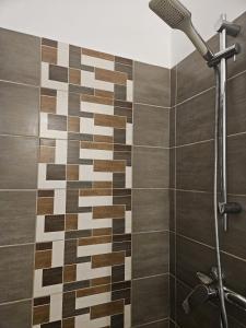 a bathroom with a shower with brown tiles at Pension-Restaurace Lugano in Hřensko +27 photos