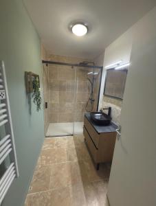 a bathroom with a shower and a sink at Appartement cosy avec Clim et jardin centre de Gujan in Gujan-Mestras +21 photos