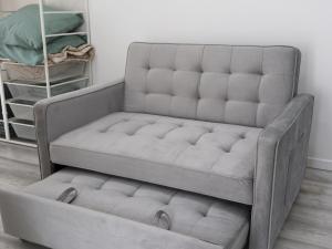a tufted couch with a dog bed in a room at Souto 25 - T0 na Régua in Peso da Régua
