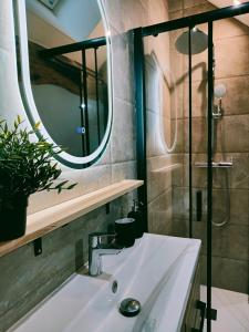 a bathroom with a sink and a mirror at Maisonnette de prestige au cœur des vignes in Couchey