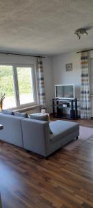 a living room with a couch and a television at Apartments Panoramablick in Geislingen an der Steige