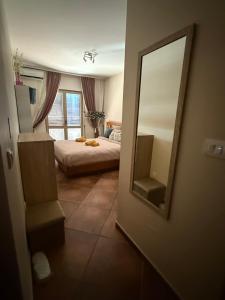 Un dormitorio con una cama y un espejo grande. en Studio 75 meters to the sea, en Rafailovici