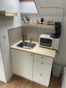 a small kitchen with a sink and a microwave at Four à pain in Sprimont