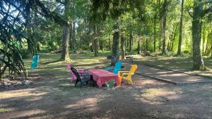 a group of chairs around a table in a park at Maison de campagne à Château-Chervix in Château-Chervix