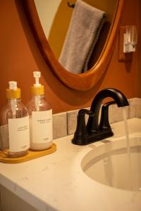 une salle de bains avec deux flacons de savon sur le lavabo dans l'établissement Mt Fether - Tiny Home - Mins to DeSoto, Brow Park, à Mentone 50 autres photos