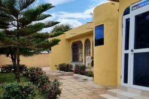 a yellow building with a tree in front of it at Oheneba Guest House in Dormaa Ahenkro