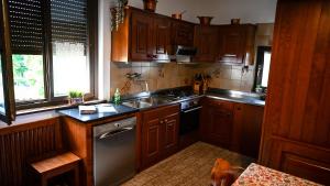 a kitchen with wooden cabinets and stainless steel appliances at Casa Sala in Castionetto di Chiuro