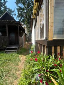 a house with a window and flowers in the yard at Chatka Nová Živohošť in Křečovice