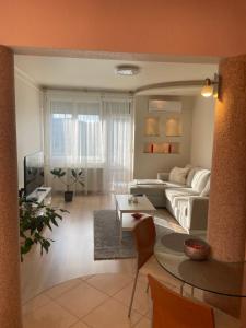 绍尔戈陶尔扬Encsi apartman的客厅里有一张沙发和一张桌子。