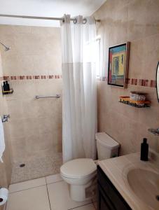 a bathroom with a toilet and a shower and a sink at Escala Norte in Hermosillo +23 photos