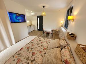 a bedroom with a large bed with a television on the wall at Demeure Cosy & Table d'Hôtes à Cahors - Chambre d'hôte climatisée- Studio La Pause Cadurcienne in Cahors