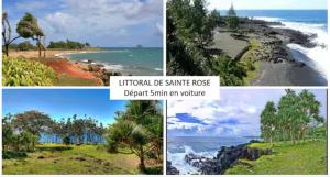 a collage of four pictures of a beach at Chez Josie et Julien in Sainte-Rose