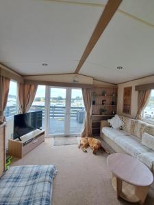 a dog laying on the floor in a living room at Three lochs holiday park Loch view 123 in Balminnoch +14 photos