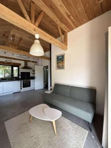 a living room with a couch and a table at Le Chalet des Iris in Saint-Maurice-de-Gourdans