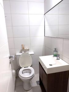 a white bathroom with a toilet and a sink at Departamento El Olivo con cochera in Santa Rosa +12 photos