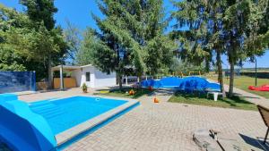 a swimming pool in a yard with trees at Cabana Lir in Arad