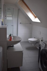 a bathroom with a sink and a toilet at Gemütliche Wohnung mit Garten in Kehrigk