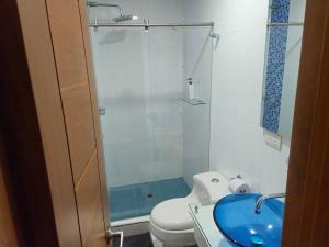 a bathroom with a shower and a toilet and a sink at Guest House with AC, close to Historical Centre 3 in Cartagena de Indias